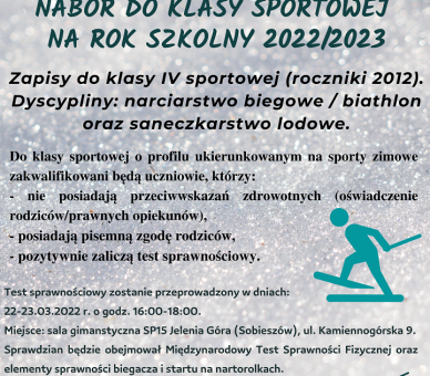 SP15 Jelenia Góra – Nabór do IV klasy sportowej na rok szkolny 2022/2023